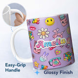 Personalized Custom Name Toys Smiley Roller Skate Purple Background Seamless Pattern Name 11oz Ceramic Coffee Tea Mug White Large Handle