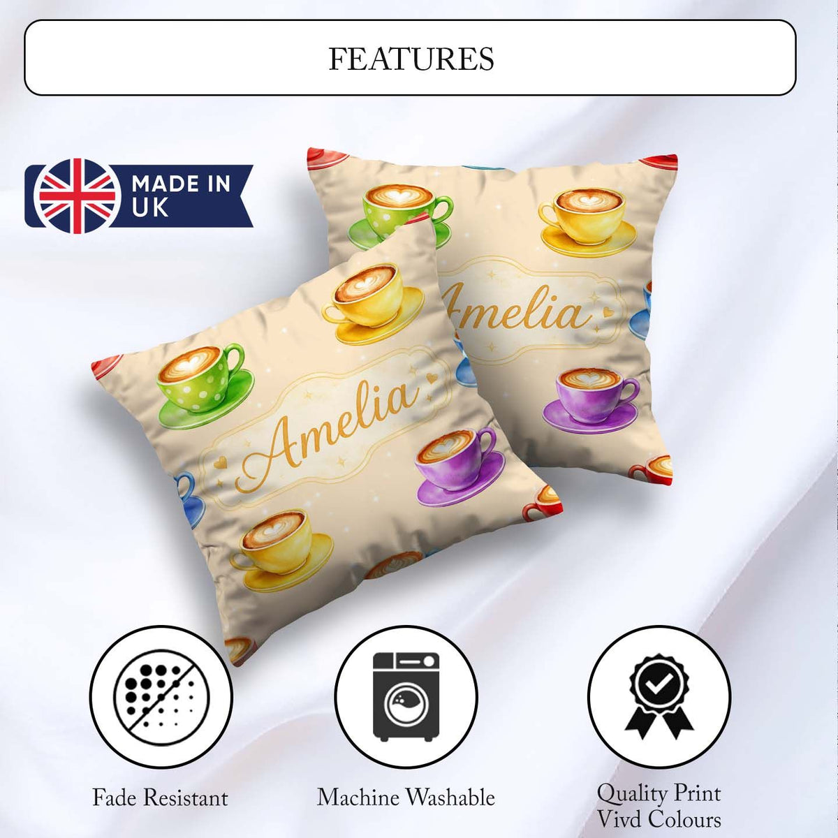 Custom Name Colorful Coffee Latte Cappuccino Seamless Pattern Square Filled Cushion Throw Pillow Sofa Bed Home Decor Zip Washable UK Made