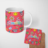 Personalized Custom Name Toys Smiley Roller Skate Red Background Seamless Pattern Name Cute 11oz Ceramic Coffee Tea Mug White Large Handle