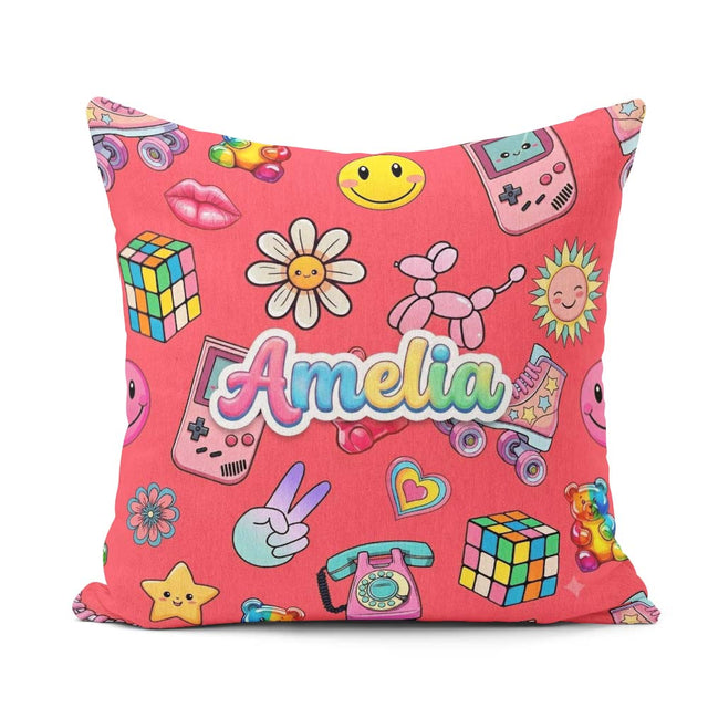 Custom Name Toys Smiley Roller Skate Red Background Pattern Name Square Filled Cushion Throw Pillow Sofa Bed Home Decor Zip Washable UK Made