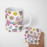 Personalized Custom Name Gummy Bear Rainbow Roller Skate Lightning Grey Background Seamless 11oz Ceramic Coffee Tea Mug White Large Handle