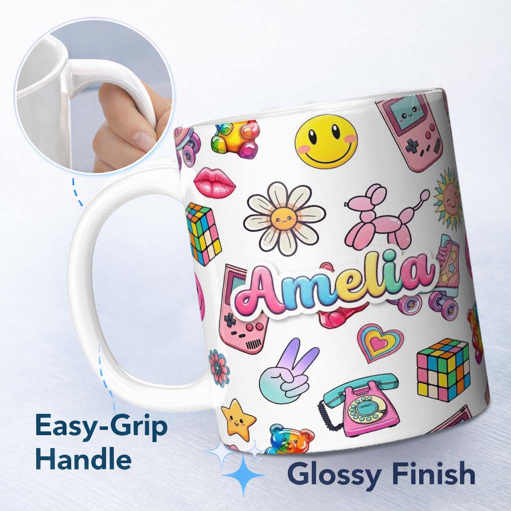 Personalized Custom Name Gummy Bear Rainbow Roller Skate Lightning Grey Background Seamless 11oz Ceramic Coffee Tea Mug White Large Handle