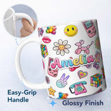 Personalized Custom Name Gummy Bear Rainbow Roller Skate Lightning Grey Background Seamless 11oz Ceramic Coffee Tea Mug White Large Handle