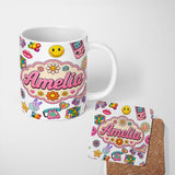 Personalized Custom Name Gummy Bear Rainbow Roller Skate Lightning Seamless Pattern Name Cute 11oz Ceramic Coffee Tea Mug White Large Handle