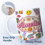 Personalized Custom Name Gummy Bear Rainbow Roller Skate Lightning Seamless Pattern Name Cute 11oz Ceramic Coffee Tea Mug White Large Handle