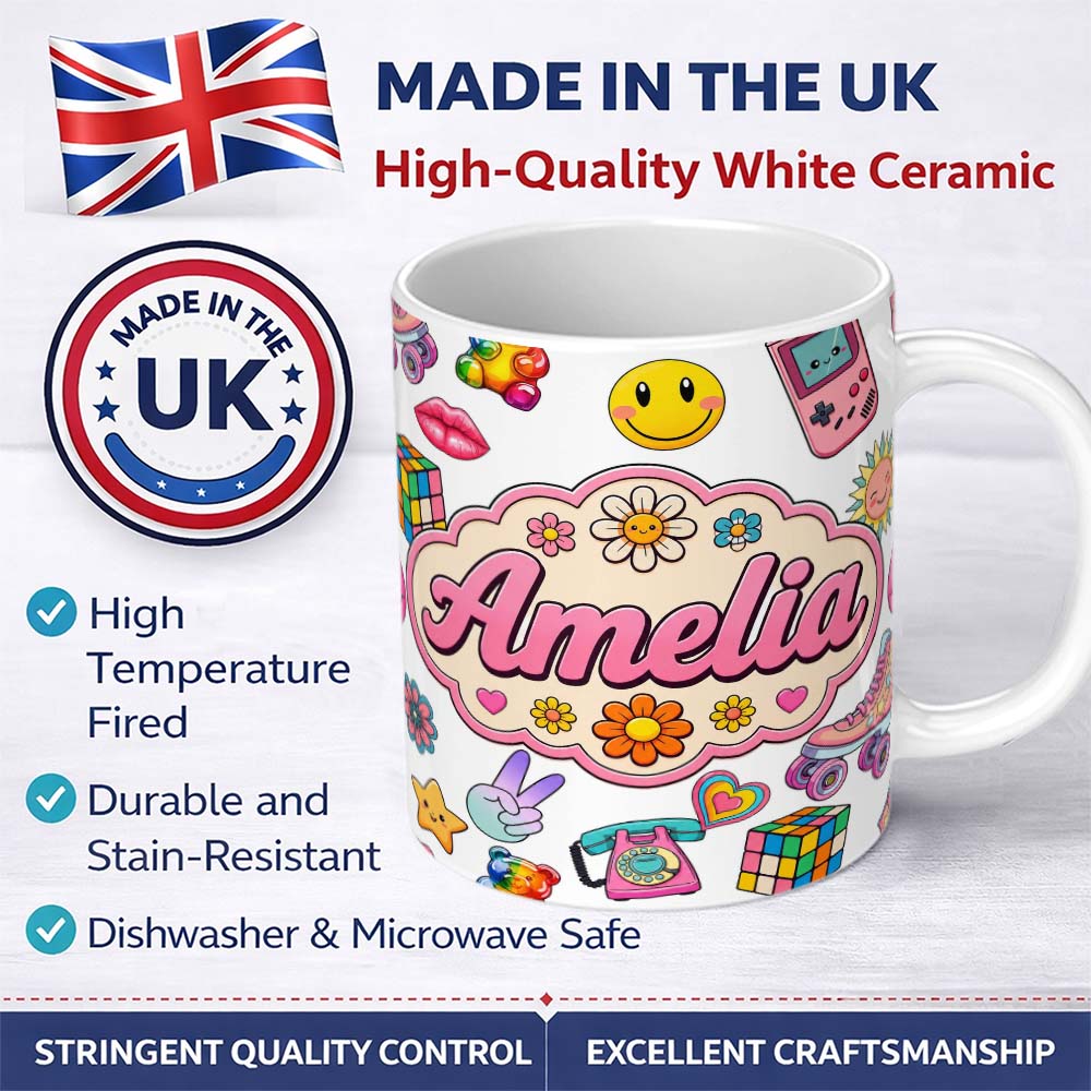 Personalized Custom Name Gummy Bear Rainbow Roller Skate Lightning Seamless Pattern Name Cute 11oz Ceramic Coffee Tea Mug White Large Handle
