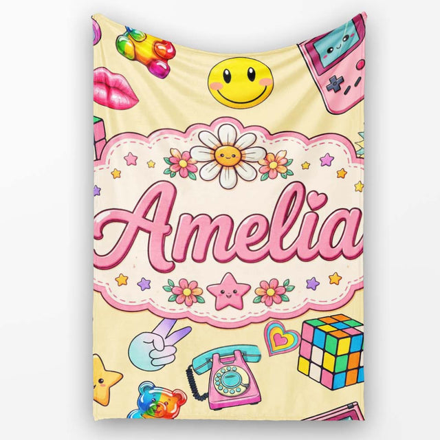 Gummy Bear Rainbow Roller Skate Lightning Yellow Background  Personalised Custom Name Super Soft Fleece Blanket Bed Sofa Throw