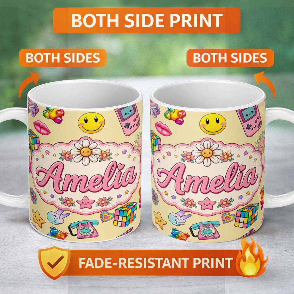 Personalized Custom Name Gummy Bear Rainbow Roller Skate Lightning Yellow Background 11oz Ceramic Coffee Tea Mug White Large Handle