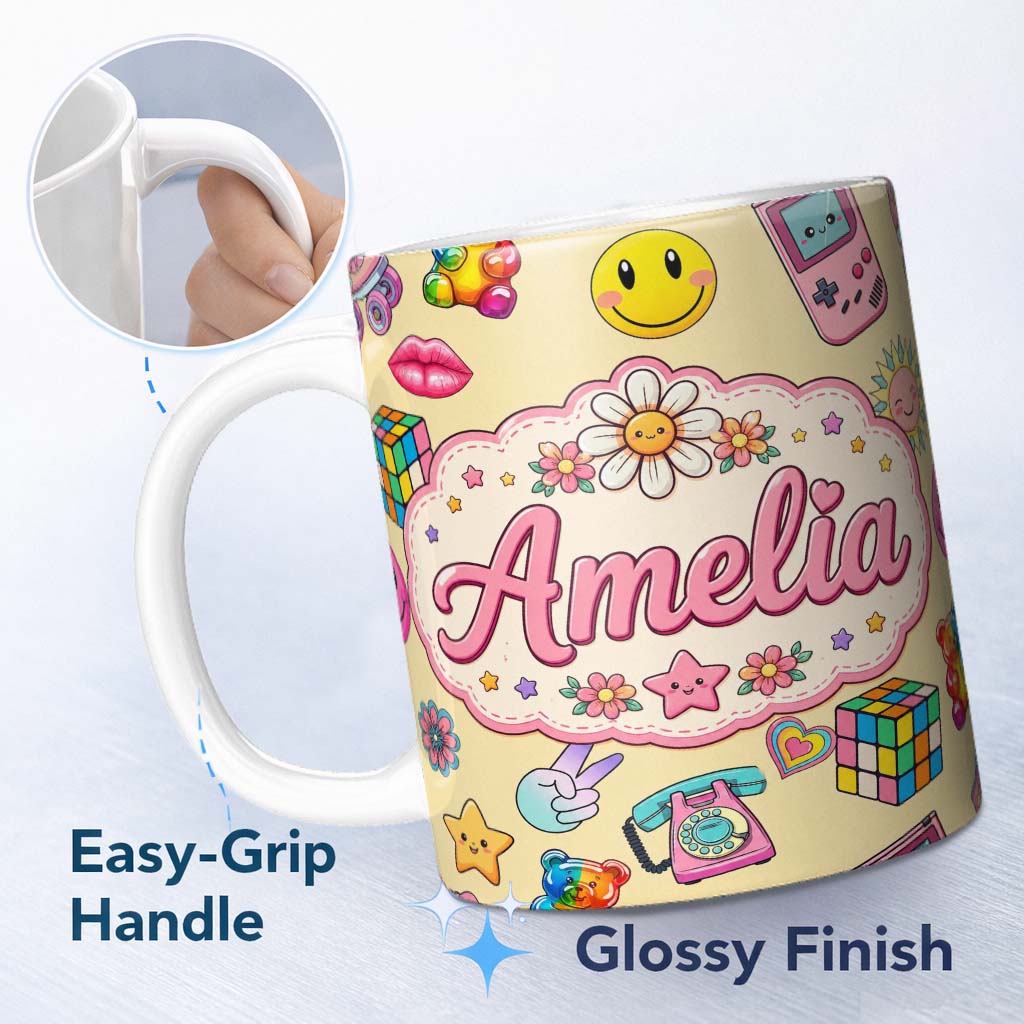 Personalized Custom Name Gummy Bear Rainbow Roller Skate Lightning Yellow Background 11oz Ceramic Coffee Tea Mug White Large Handle