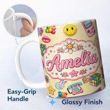 Personalized Custom Name Gummy Bear Rainbow Roller Skate Lightning Yellow Background 11oz Ceramic Coffee Tea Mug White Large Handle