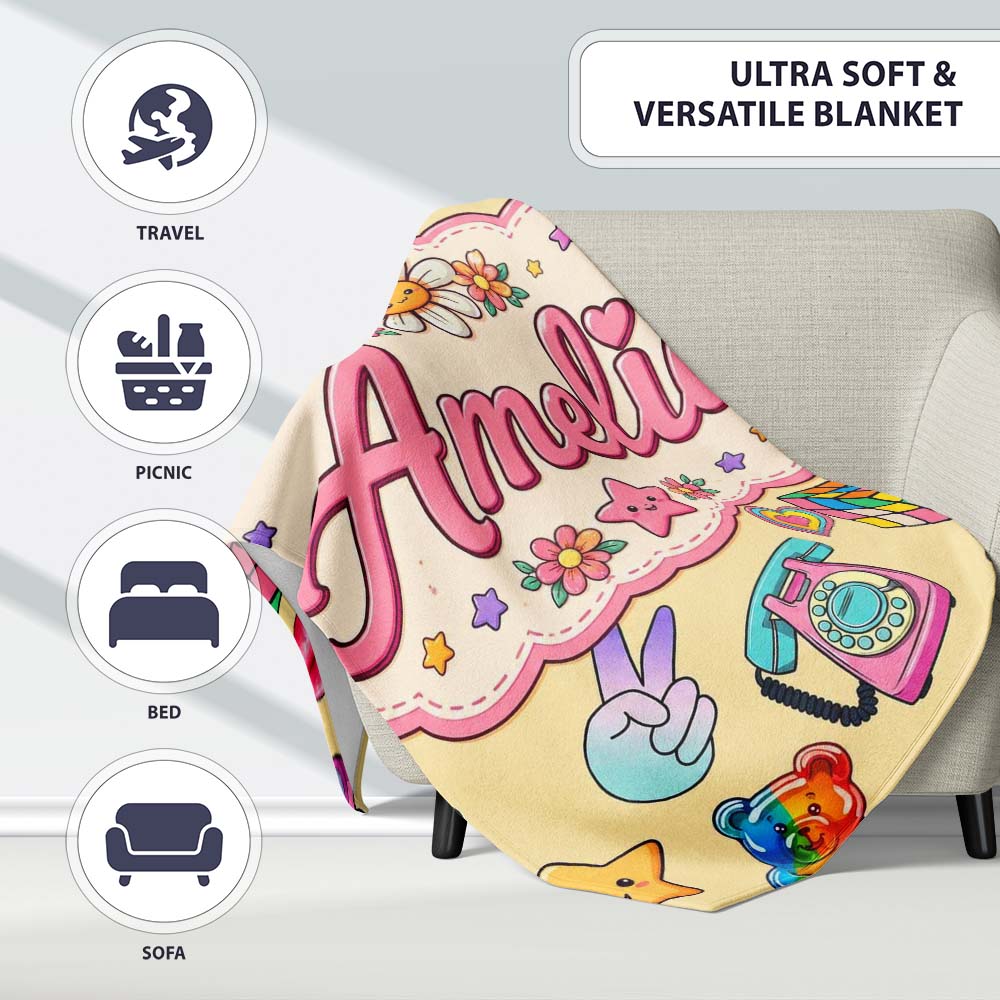 Gummy Bear Rainbow Roller Skate Lightning Yellow Background  Personalised Custom Name Super Soft Fleece Blanket Bed Sofa Throw