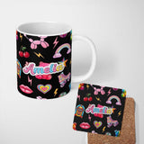 Personalized Custom Name Gummy Bear Rainbow Roller Skate Lightning Black Background Seamless 11oz Ceramic Coffee Tea Mug White Large Handle
