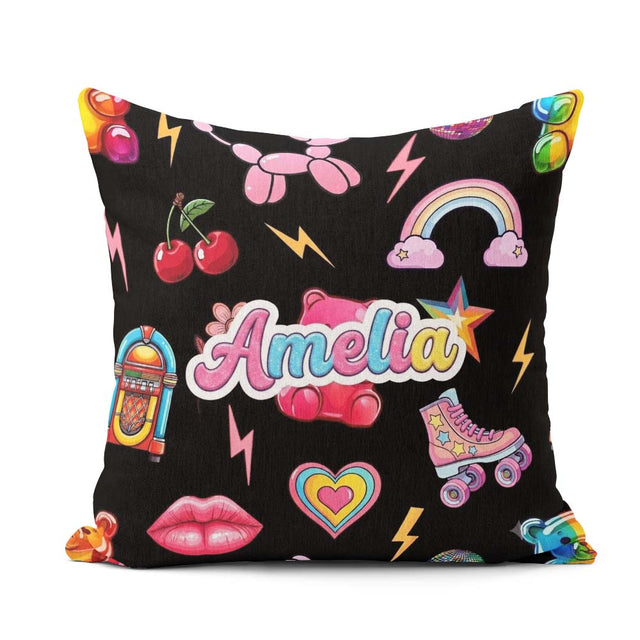Custom Name Gummy Bear Rainbow Roller Skate Lightning Background Square Filled Cushion Throw Pillow Sofa Bed Home Decor Zip Washable UK Made