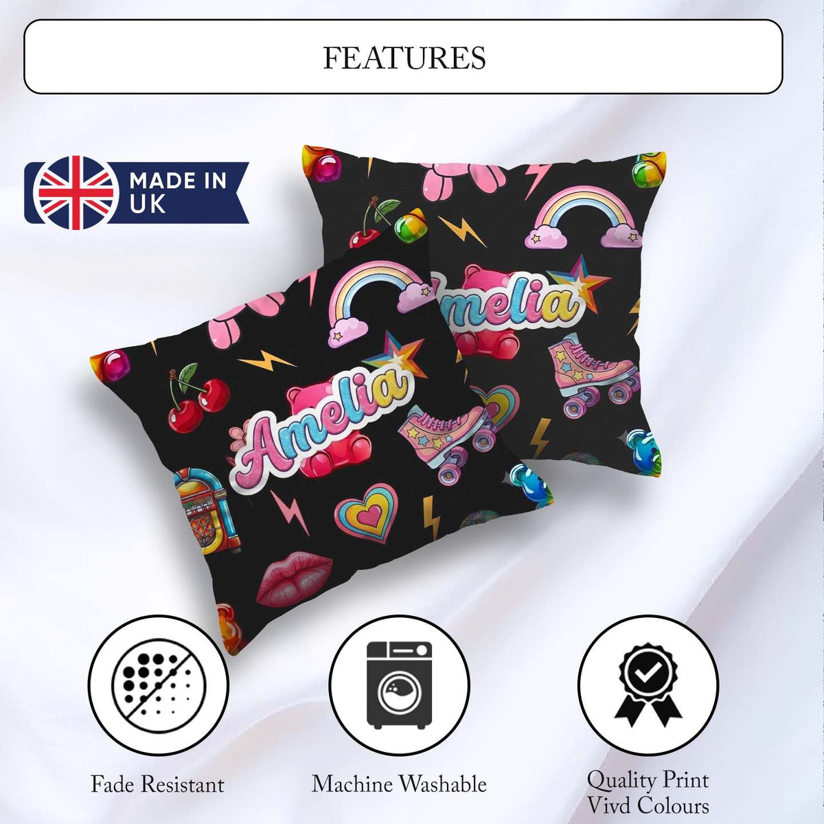 Custom Name Gummy Bear Rainbow Roller Skate Lightning Background Square Filled Cushion Throw Pillow Sofa Bed Home Decor Zip Washable UK Made