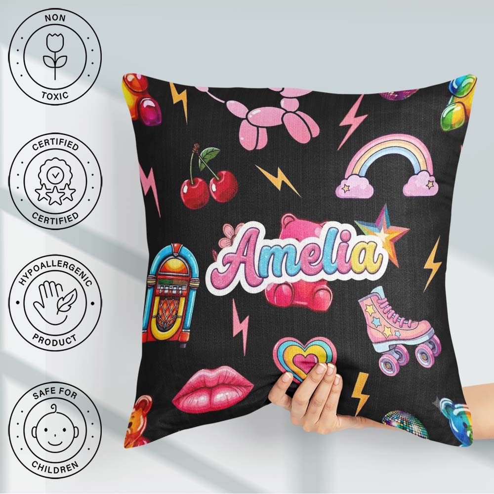 Custom Name Gummy Bear Rainbow Roller Skate Lightning Background Square Filled Cushion Throw Pillow Sofa Bed Home Decor Zip Washable UK Made