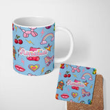 Personalized Custom Name Gummy Bear Rainbow Roller Skate Lightning Blue Background Seamless 11oz Ceramic Coffee Tea Mug White Large Handle