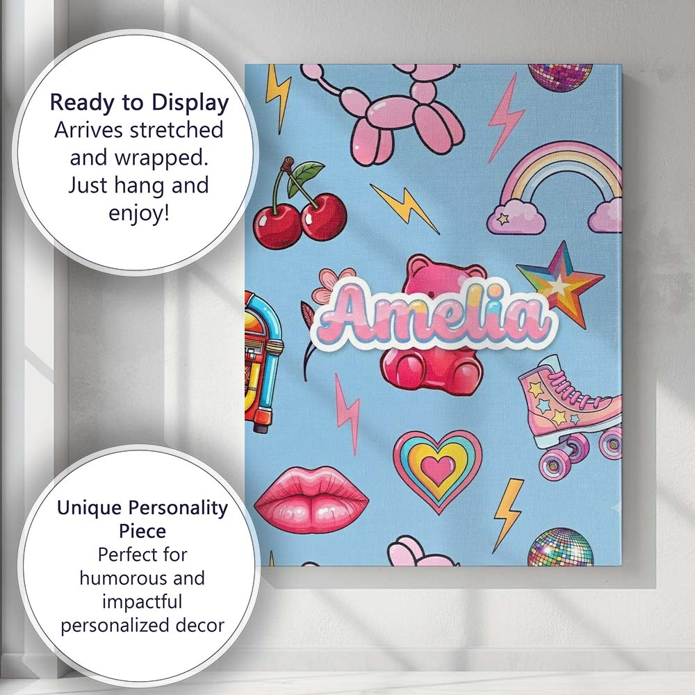Personalised Name Gummy Bear Rainbow Roller Custom  Bespoke Interior Contemporary Canvas Wall Art Print Decor Picture Ready to Hang