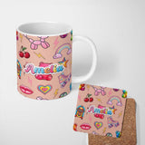 Personalized Custom Name Gummy Bear Rainbow Roller Skate Lightning Peach Background Seamless 11oz Ceramic Coffee Tea Mug White Large Handle