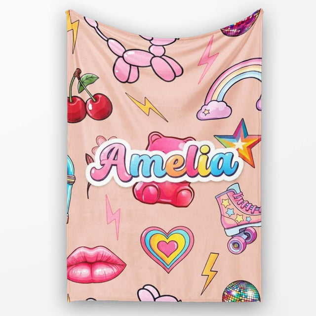 Gummy Bear Rainbow Roller Skate Lightning Peach Background Seamless  Personalised Custom Name Super Soft Fleece Blanket Bed Sofa Throw