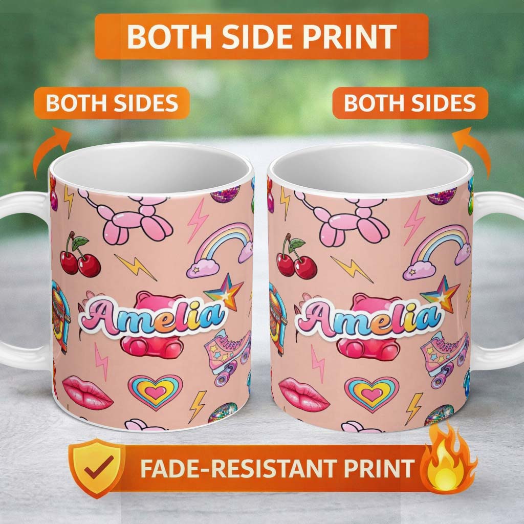 Personalized Custom Name Gummy Bear Rainbow Roller Skate Lightning Peach Background Seamless 11oz Ceramic Coffee Tea Mug White Large Handle
