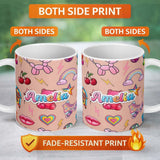 Personalized Custom Name Gummy Bear Rainbow Roller Skate Lightning Peach Background Seamless 11oz Ceramic Coffee Tea Mug White Large Handle