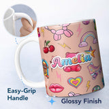 Personalized Custom Name Gummy Bear Rainbow Roller Skate Lightning Peach Background Seamless 11oz Ceramic Coffee Tea Mug White Large Handle
