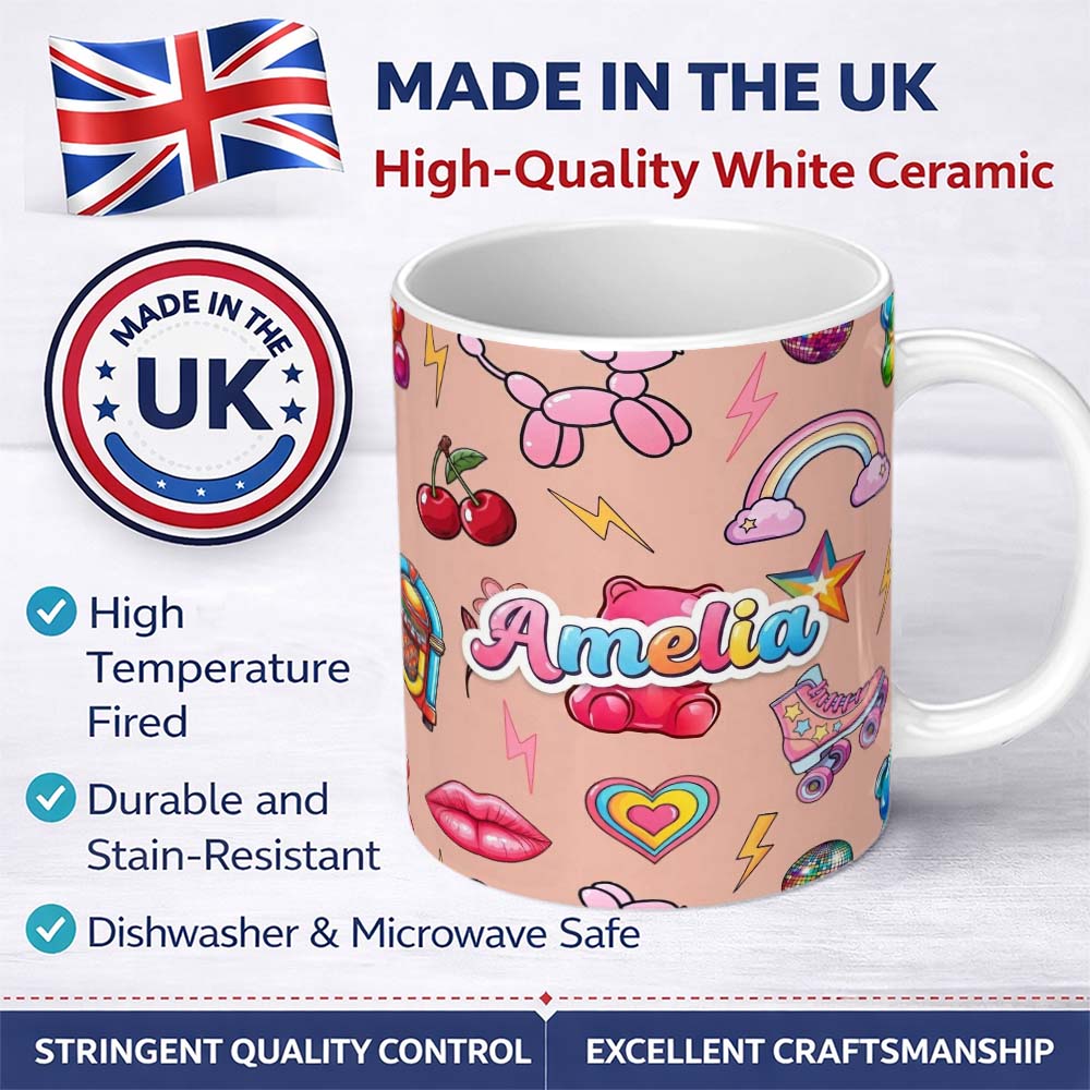 Personalized Custom Name Gummy Bear Rainbow Roller Skate Lightning Peach Background Seamless 11oz Ceramic Coffee Tea Mug White Large Handle