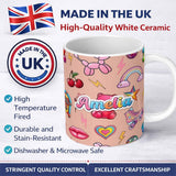 Personalized Custom Name Gummy Bear Rainbow Roller Skate Lightning Peach Background Seamless 11oz Ceramic Coffee Tea Mug White Large Handle