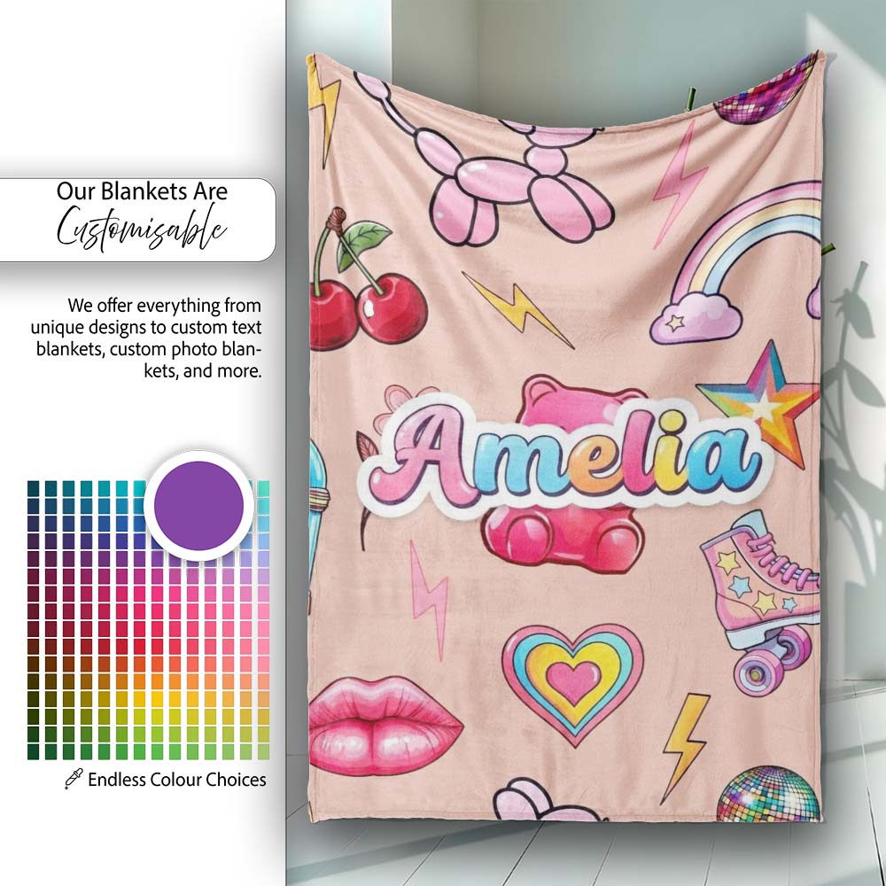 Gummy Bear Rainbow Roller Skate Lightning Peach Background Seamless  Personalised Custom Name Super Soft Fleece Blanket Bed Sofa Throw