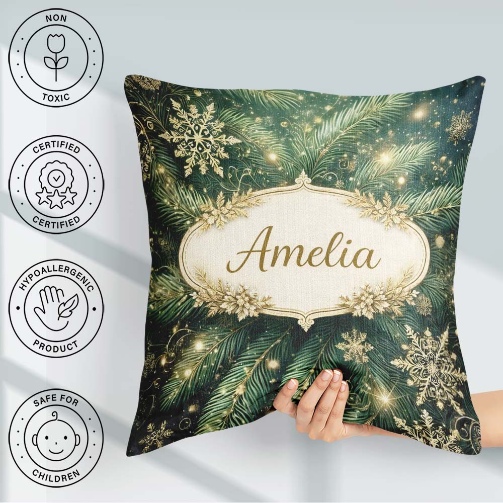 Custom Name Festive Green Pine and Snowflake Decorative Seamless Square Filled Cushion Throw Pillow Sofa Bed Home Decor Zip Washable UK Made
