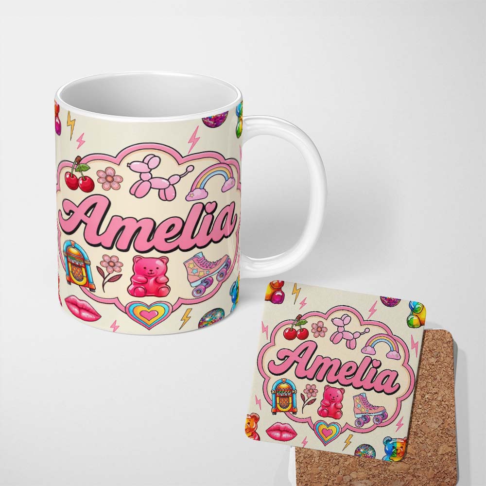 Personalized Custom Name Gummy Bear Rainbow Roller Skate Lightning Beige Background Seamless 11oz Ceramic Coffee Tea Mug White Large Handle