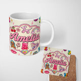 Personalized Custom Name Gummy Bear Rainbow Roller Skate Lightning Beige Background Seamless 11oz Ceramic Coffee Tea Mug White Large Handle