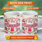 Personalized Custom Name Gummy Bear Rainbow Roller Skate Lightning Beige Background Seamless 11oz Ceramic Coffee Tea Mug White Large Handle