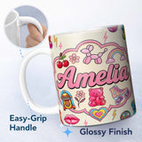 Personalized Custom Name Gummy Bear Rainbow Roller Skate Lightning Beige Background Seamless 11oz Ceramic Coffee Tea Mug White Large Handle
