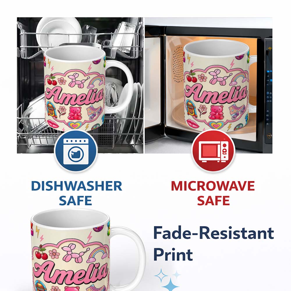 Personalized Custom Name Gummy Bear Rainbow Roller Skate Lightning Beige Background Seamless 11oz Ceramic Coffee Tea Mug White Large Handle