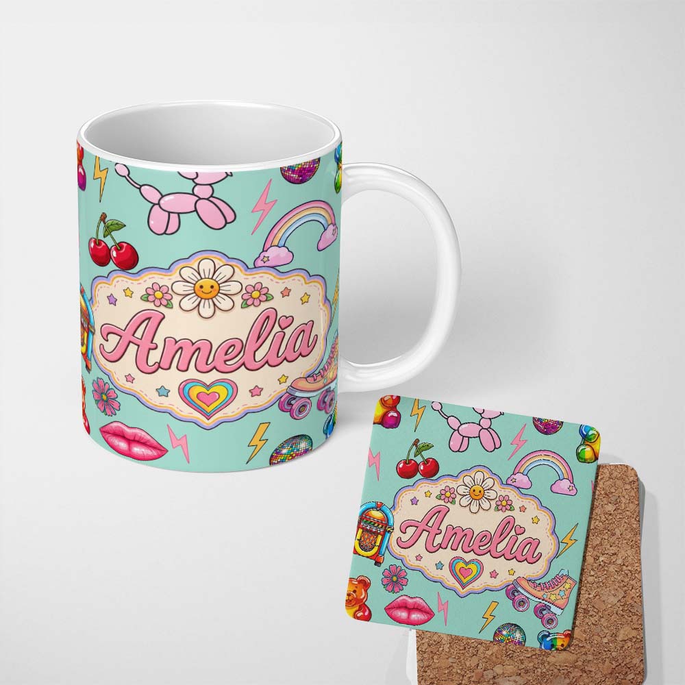 Personalized Custom Name Gummy Bear Rainbow Roller Skate Lightning Mint Background Seamless 11oz Ceramic Coffee Tea Mug White Large Handle