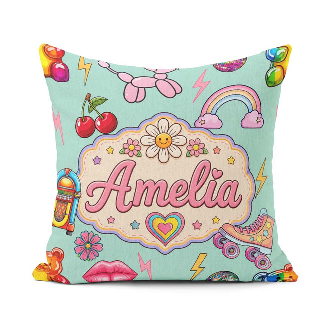 Custom Name Gummy Bear Rainbow Roller Skate Lightning Background Square Filled Cushion Throw Pillow Sofa Bed Home Decor Zip Washable UK Made
