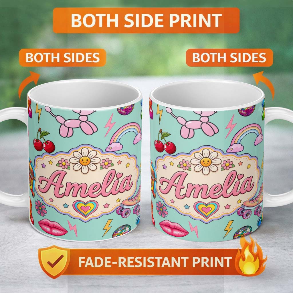Personalized Custom Name Gummy Bear Rainbow Roller Skate Lightning Mint Background Seamless 11oz Ceramic Coffee Tea Mug White Large Handle