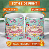 Personalized Custom Name Gummy Bear Rainbow Roller Skate Lightning Mint Background Seamless 11oz Ceramic Coffee Tea Mug White Large Handle