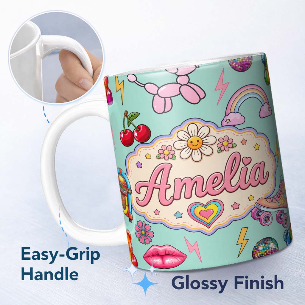 Personalized Custom Name Gummy Bear Rainbow Roller Skate Lightning Mint Background Seamless 11oz Ceramic Coffee Tea Mug White Large Handle