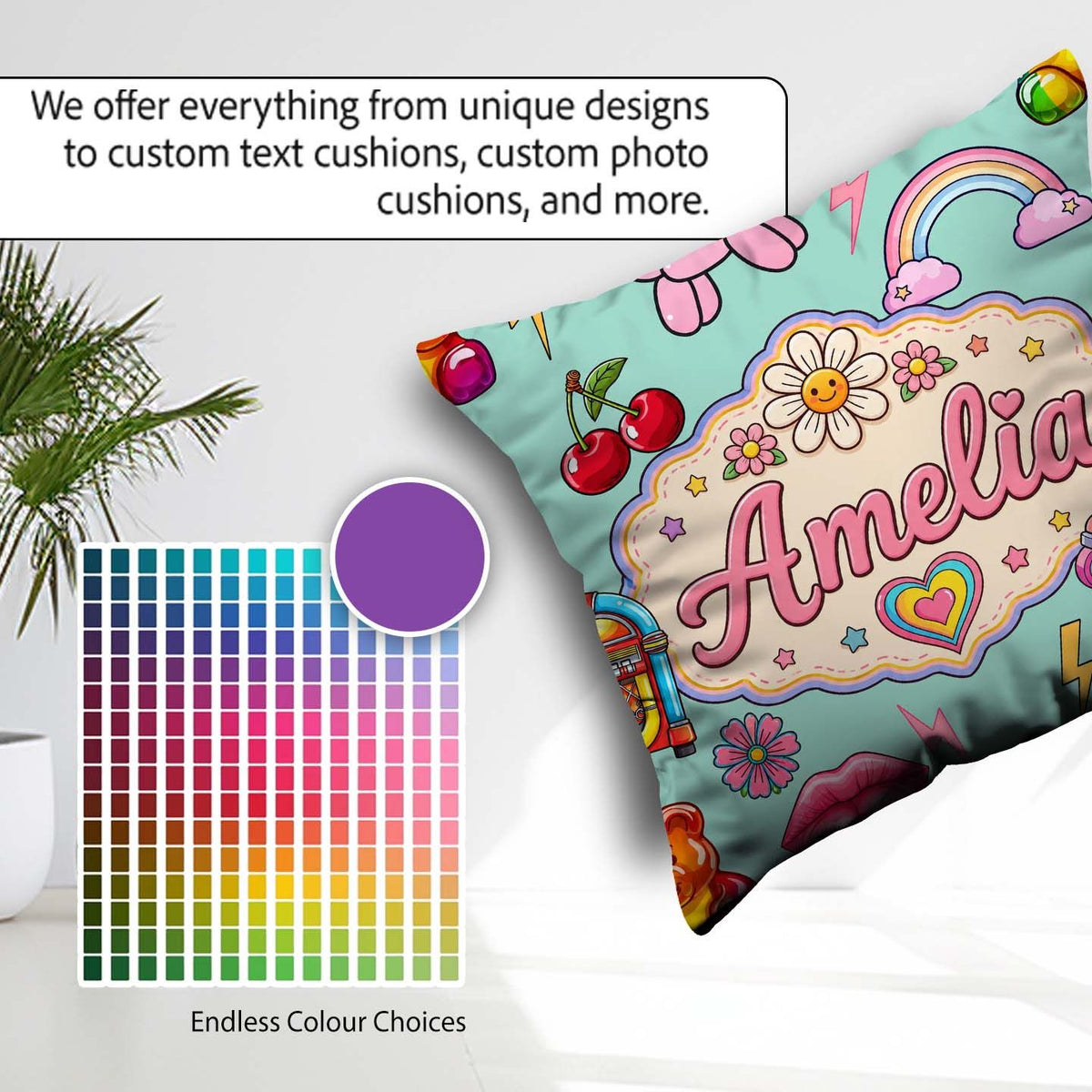 Custom Name Gummy Bear Rainbow Roller Skate Lightning Background Square Filled Cushion Throw Pillow Sofa Bed Home Decor Zip Washable UK Made