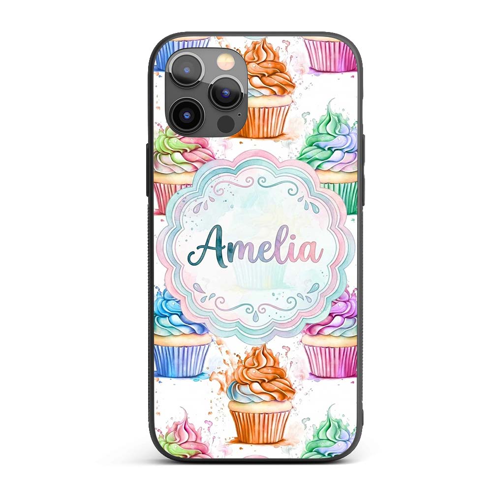 Watercolor Cupcake Sweet Dessert Splash Seamless Custom Name Protective Phone Case Mobile Cover Durable Everyday Smartphone Shock Resistant