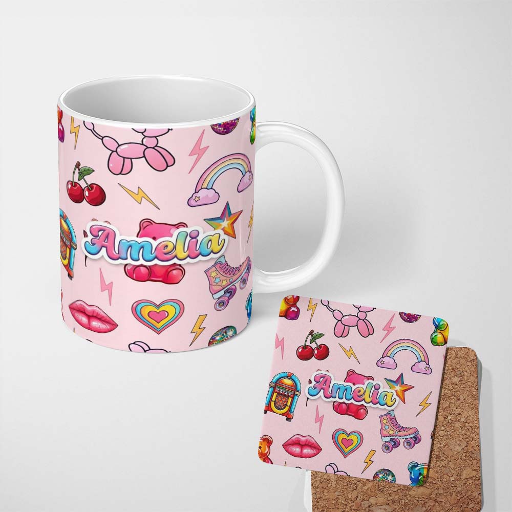 Personalized Custom Name Cute Kawaii Gummy Bear Cherry Rainbow Roller Skate Pink Background 11oz Ceramic Coffee Tea Mug White Large Handle