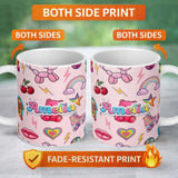 Personalized Custom Name Cute Kawaii Gummy Bear Cherry Rainbow Roller Skate Pink Background 11oz Ceramic Coffee Tea Mug White Large Handle
