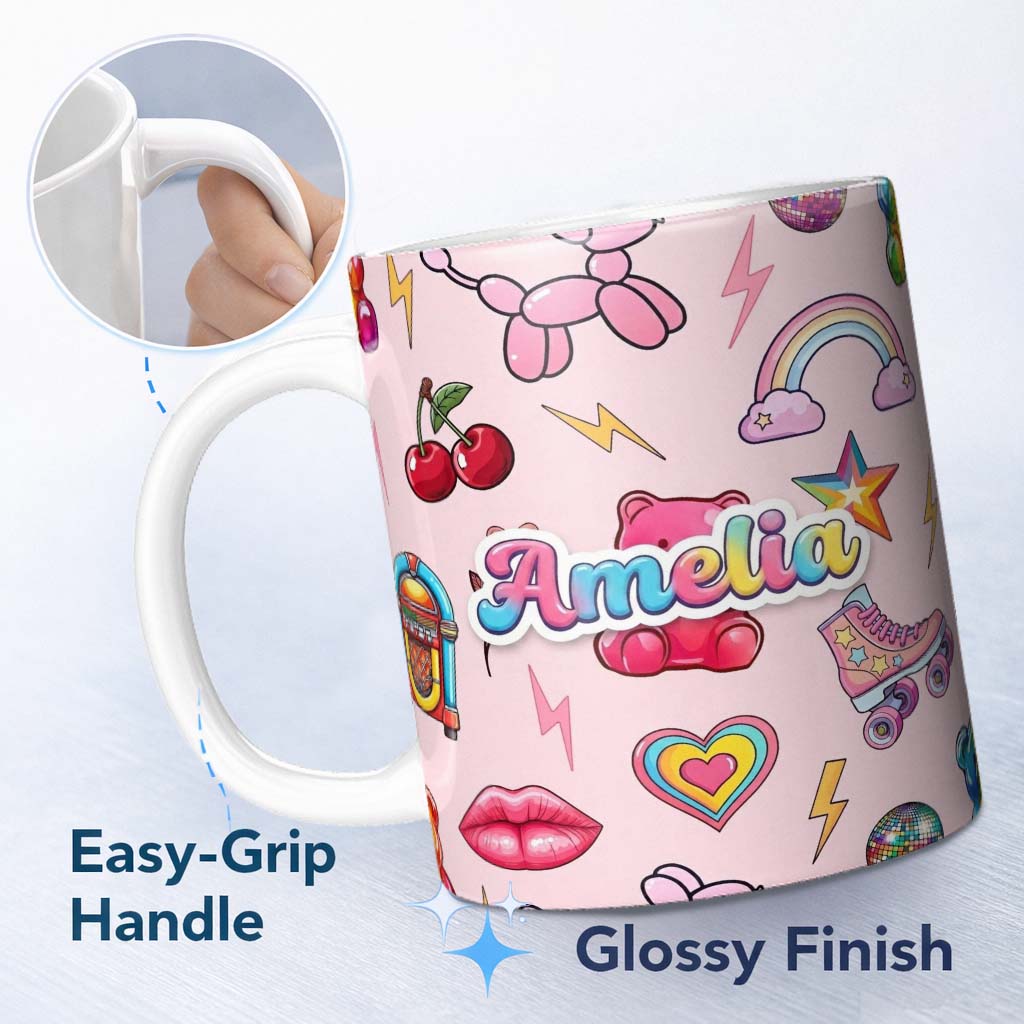 Personalized Custom Name Cute Kawaii Gummy Bear Cherry Rainbow Roller Skate Pink Background 11oz Ceramic Coffee Tea Mug White Large Handle