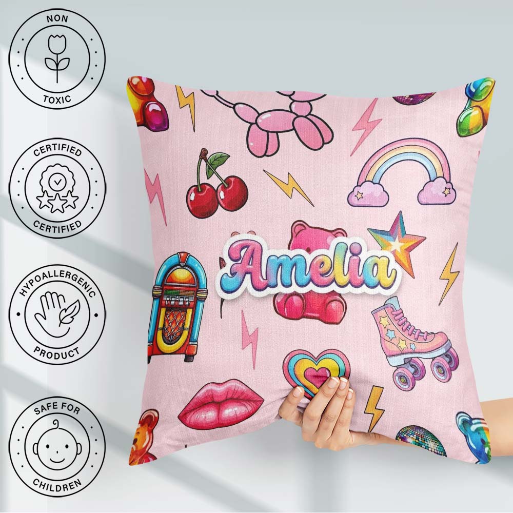 Custom Name Kawaii Gummy Bear Cherry Rainbow Roller Skate Pink Square Filled Cushion Throw Pillow Sofa Bed Home Decor Zip Washable UK Made