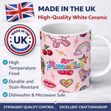 Personalized Custom Name Cute Kawaii Gummy Bear Cherry Rainbow Roller Skate Pink Background 11oz Ceramic Coffee Tea Mug White Large Handle