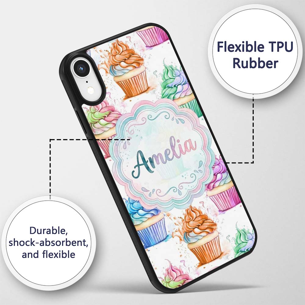 Watercolor Cupcake Sweet Dessert Splash Seamless Custom Name Protective Phone Case Mobile Cover Durable Everyday Smartphone Shock Resistant