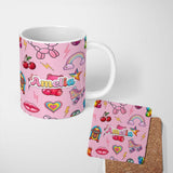 Personalized Custom Name Gummy Bear Cherry Rainbow Roller Skate Light Pink Background 11oz Ceramic Coffee Tea Mug White Large Handle