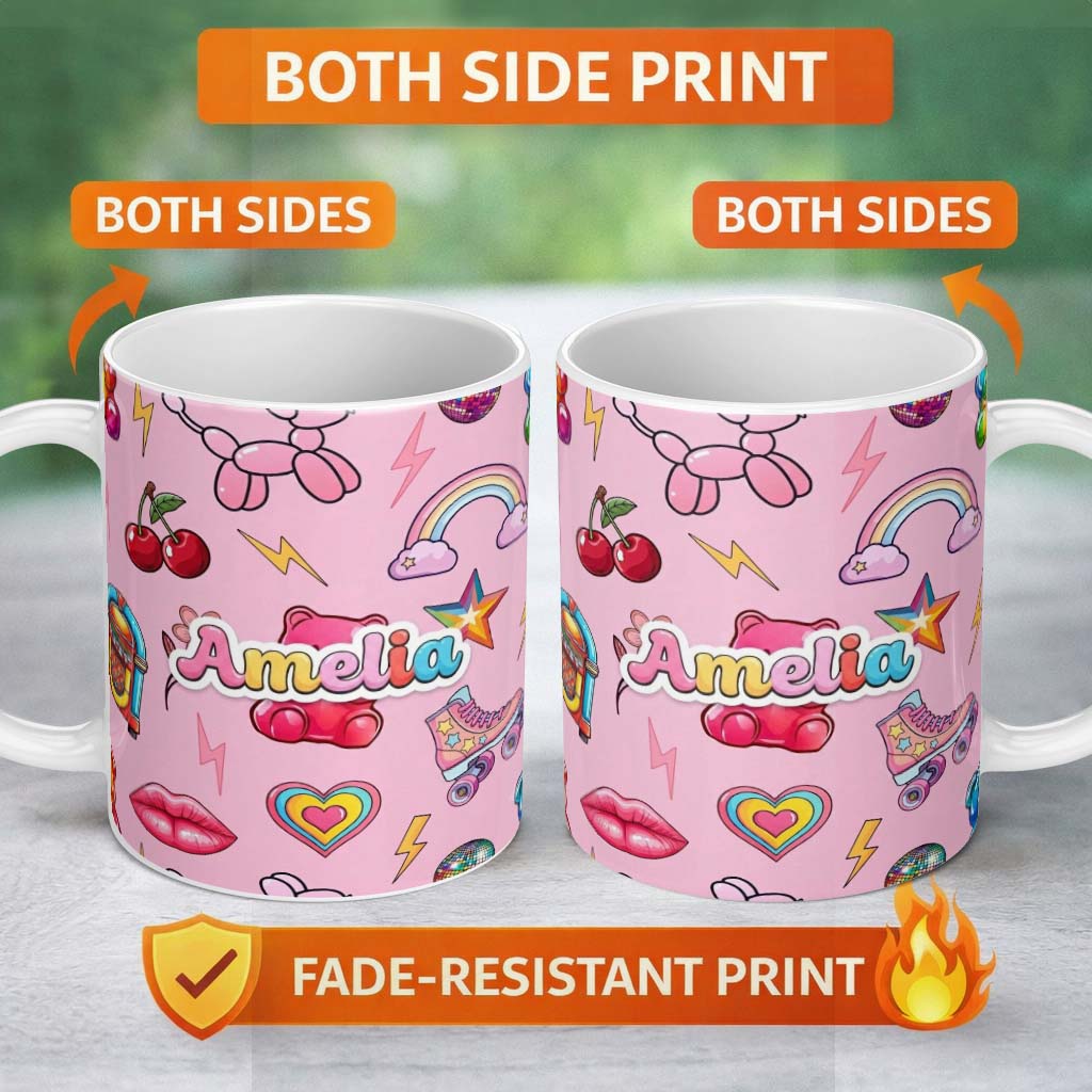 Personalized Custom Name Gummy Bear Cherry Rainbow Roller Skate Light Pink Background 11oz Ceramic Coffee Tea Mug White Large Handle